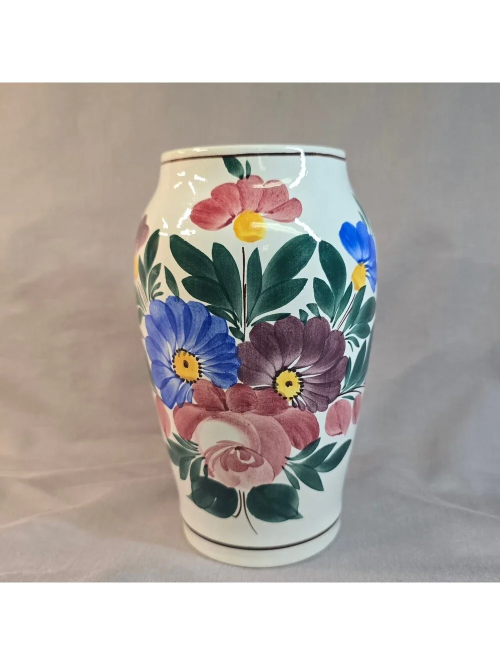Vintage 1930s Kispest Granit Hungary Hand Painted Floral Folk Art Ceramic Vase